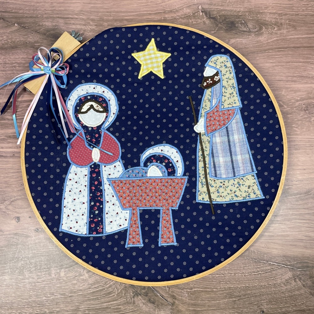 Handmade Fabric Nativity Scene Hoop Art Christmas Wall Decor Rustic Farmhouse
